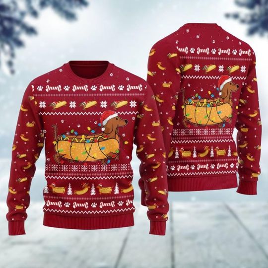 Taco Dachshund Christmas Ugly Sweater, Dog Santa Xmas Sweater, Animal Lover Holiday Sweater, Funny Christmas Gift, Dog Mom Gift