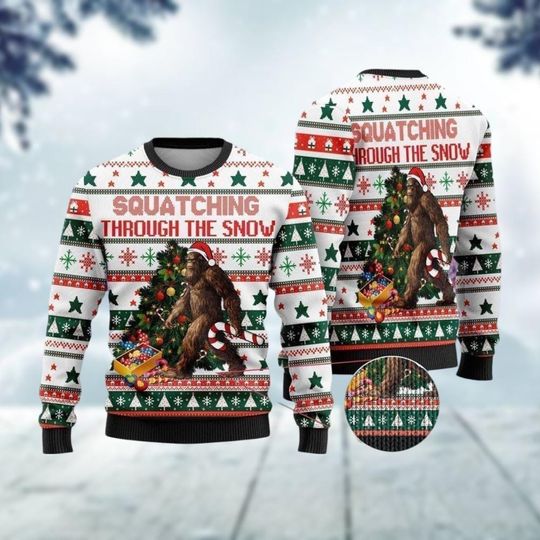 Discover Bigfoot Ugly Christmas Sweater, Squatching Through Snow Xmas Sweater, Bigfoot Holiday Sweater, Funny Christmas Sweatshirt
