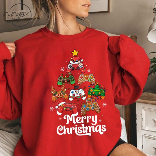 Discover Merry Christmas Gaming Lover Tree Shirt, Gamer Xmas Christmas Tree Sweatshirt, Holiday Gamer Gift T-shirt, Merry Christmas Gaming Hoodie
