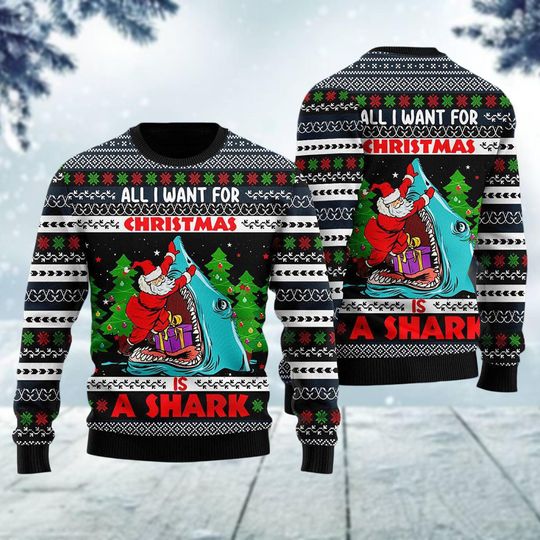Discover All I Want For Christmas Is Fishing Ugly Christmas Sweater, Shark Christmas Sweatshirt, Funny Xmas Tree Sweater, Santa Jaws Shirt
