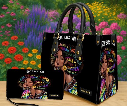 Discover Personalized God Says I Am Rainbow Afro Tote Bag for Black Women, Custom Name African American Christian Faith Gift