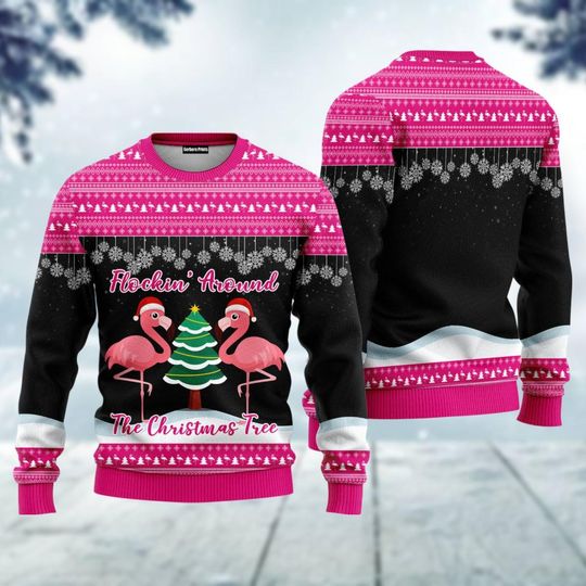 Discover Flocking Around Flamingo Ugly Christmas Sweater, Animal Xmas Sweater, Santa Bird Holiday Sweatshirt, Winter Gift