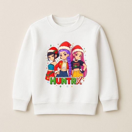 HUNTRIX Christmas Shirt, Anime Kpop Girl Group Holiday Tee Hoodie Sweatshirt, Cute Santa Outfits Gift for Fans