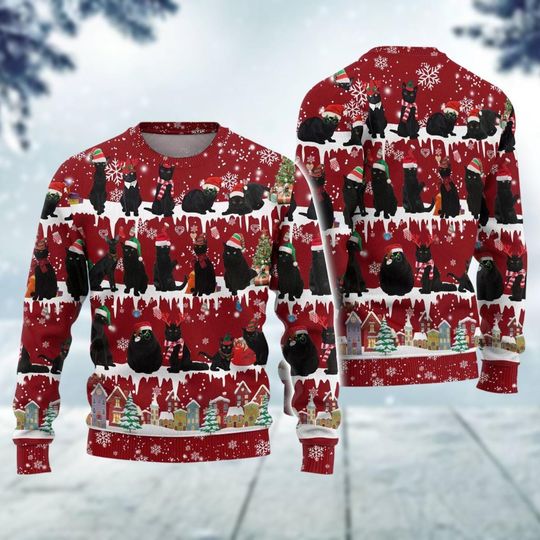Discover Black Cat Ugly Christmas Sweater, Cat Mom Xmas Sweater, Cat Meowy Holiday Sweater, Christmas Sweatshirt, Gift For Cat Owner