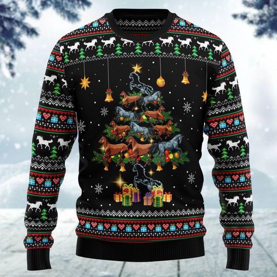 Discover Horse Christmas Tree Ugly Sweater, Western Christmas Horse Xmas Sweater, Cowboy Funny Sweater, Christmas Animal Sweater