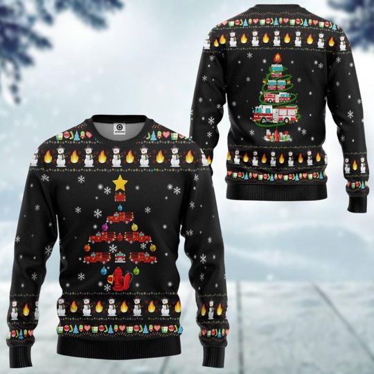 Firefighter Ugly Christmas Sweater, Fire Truck Tree Xmas Sweater, Trucker Christmas Light Sweatshirt, Merry Christmas Gifts