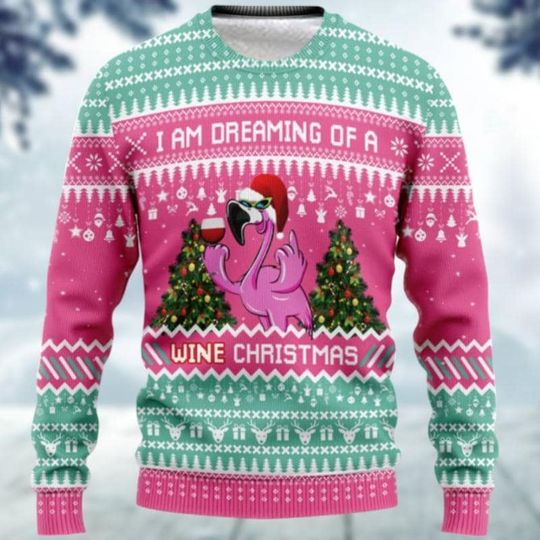 Pink Flamingo Ugly Christmas Sweater, Flamingo Santa Xmas Sweater, I'm Dreaming Of A Wine Christmas Shirt, Animal Lovers Gift