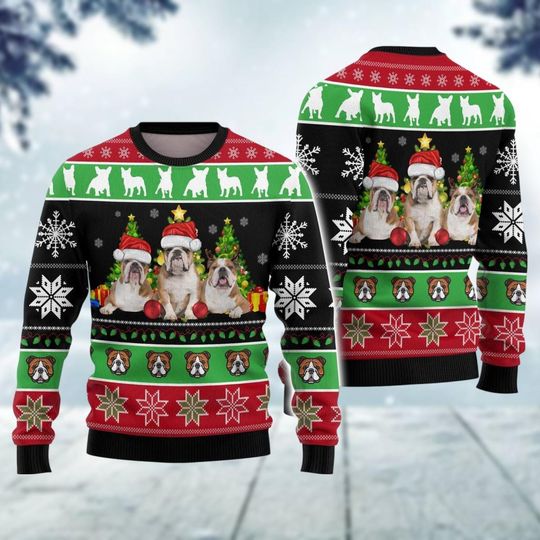 Bulldog Ugly Christmas Sweater, Dog Santa Hat Xmas Sweater, Pets Holiday Sweater, Christmas Sweatshirt, Gift For Dog Mom