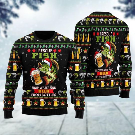 Discover Christmas Fish Santa Ugly Sweater, I Rescue Fish From Water And Beer From Bottles Ugly Christmas Sweater, Sweater Men, Woman Sweater