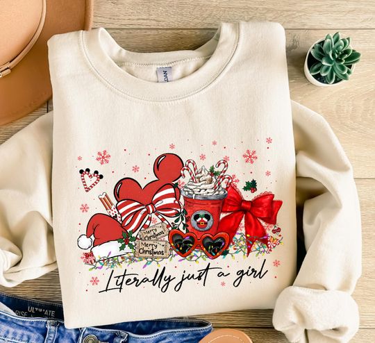 Discover Disney Literally Just A Girl Christmas Park Sweatshirt, Coquette Bow Christmas Disney Trip Girl Gifts, Mickey's Very Merry 2025 Xmas Party
