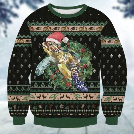Discover Christmas Turtle Ugly Sweater, Sea Animal Xmas Sweater, Ocean Nature Christmas Sweatshirt, Funny Santa Claus Holiday Sweater