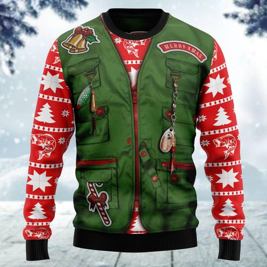 Merry Fishmas Ugly Christmas Sweater, Fisherman Costume Ugly Sweater, Fishing Christmas Sweatshirt, Sweater For Men, Xmas Gift