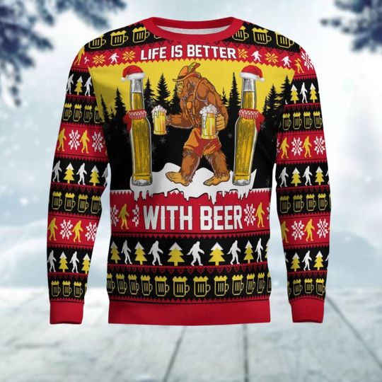 Discover Bigfoot Beer Christmas Sweater, Funny Sasquatch Ugly Sweater, Funny Santa Holiday Sweater, Camping Xmas Sweater, Christmas Gift