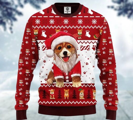 Corgi Santa Ugly Xmas Sweater, Christmas Dog Sweater, Dog Owner Holiday Sweater, Christmas Gift