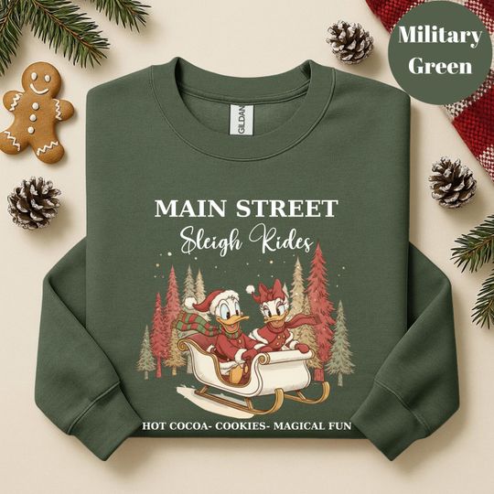 Discover Main Street Sleigh Rides Christmas Sweatshirt, Daisy and Donald Duck Holiday Disney Hoodie