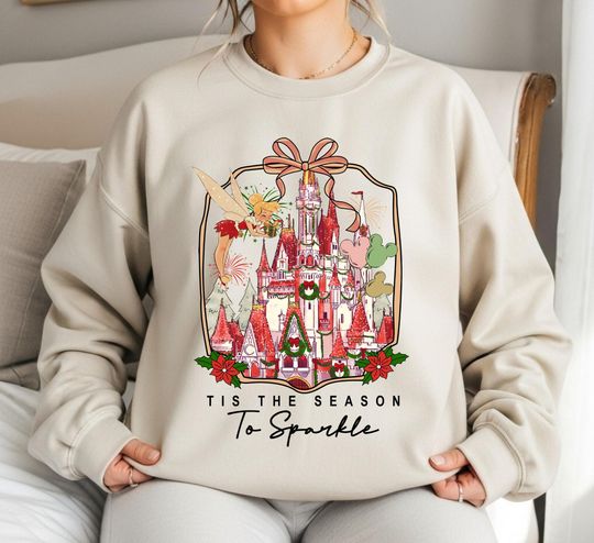 Discover Christmas Disney Tinkerbell Sweatshirt: Christmas Magic Castle Mickey Balloon Sweatshirt, Disney Coquette Tis The season To Sparkle Sweater