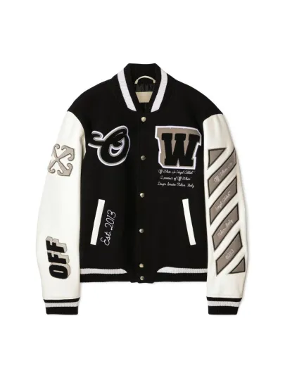 Discover Off-White Unisex Rib Knit Wool & Leather Letterman Varsity Jacket - Black/White