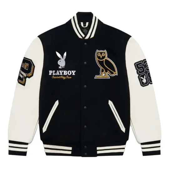 Discover Men’s PLAYBOY Style Wool & Leather Unisex Varsity Letterman Jacket - Black/White