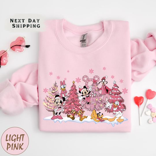 Discover Xmas Disney Pink Tree Sweatshirt, Vintage Disney Mickey Friends Pink Christmas Sweatshirt, Girls Matching Xmas Shirt, Gift For Her