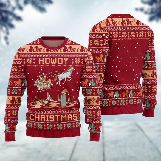 Howdy Ugly Christmas Sweater, Western Christmas Sweatshirt, Retro Cowboy Ugly Sweater, Cowboy Xmas Sweater, Funny Santa Claus Sweater