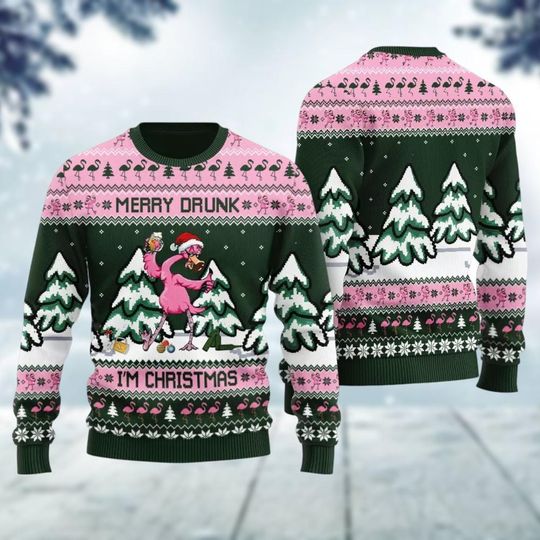 Funny Flamingo Ugly Sweater, Merry Drunk Xmas Sweater, Christmas Tree Shirt, Animal Lover Holiday Sweater, Xmas Holiday Gift