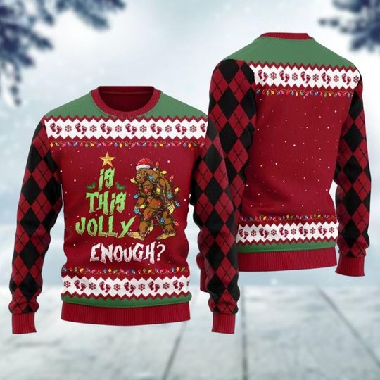 Bigfoot Christmas Lights Ugly Sweater, Funny Sasquatch Xmas Sweater, Is This Jolly Enough Holiday Sweater, Animal Lover Gift, Hiker Gifts