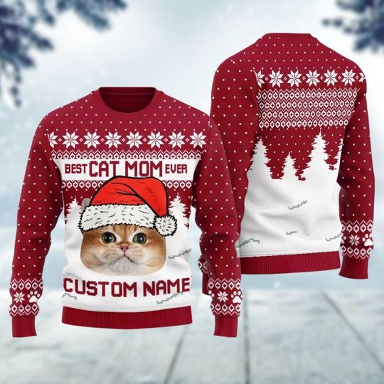 Christmas Custom Cat Face Ugly Sweater, Personalized Photo Ugly Xmas Sweater, Cat Funny Sweater, Best Mom Ever Gift