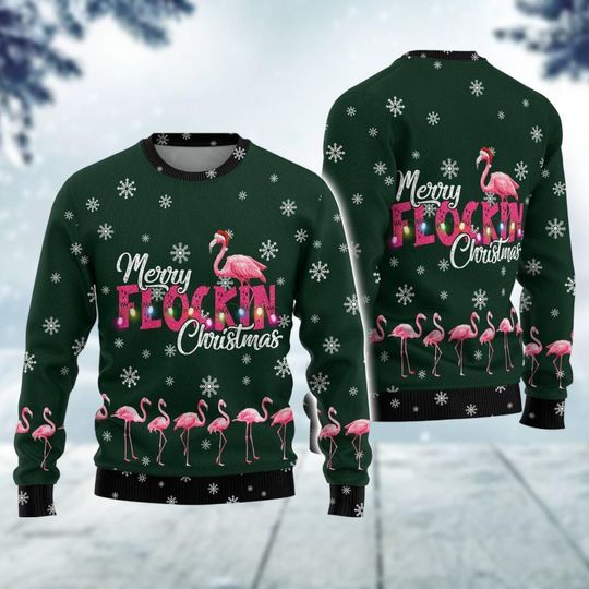 Flamingo Merry Flocking Christmas Ugly Sweater, Funny Bird Christmas Sweatshirt, Tropical Animal Holiday Sweater, Flamingo Lover Gift