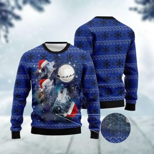 Discover Wolf Christmas Ugly Sweater, Wolves Howling At The Moon Sweatshirt, Foggy Forest Xmas Sweater, Sweater For Men, Santa Wolf Shirt