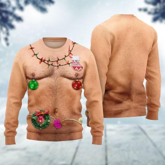 Discover Hairy Chest Tattoos Bulbs Ugly Sweater, Hairy Belly Cosplay Christmas Sweatshirt, Hairy Fat Beard Xmas Sweatshirt, Christmas Gifts