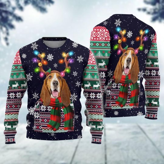 Discover Basset Hound Ugly Christmas Sweater, Dog Reindeer Xmas Sweater, Cute Pets Christmas Sweatshirt, Animal Lover Gift