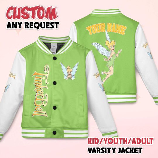 Discover Personalized Tinker Bell Varsity Jacket, Custom Disney Peter Pan Baseball Jacket, Disney Peter Pan Kids Youth Adult Varsity Jacket