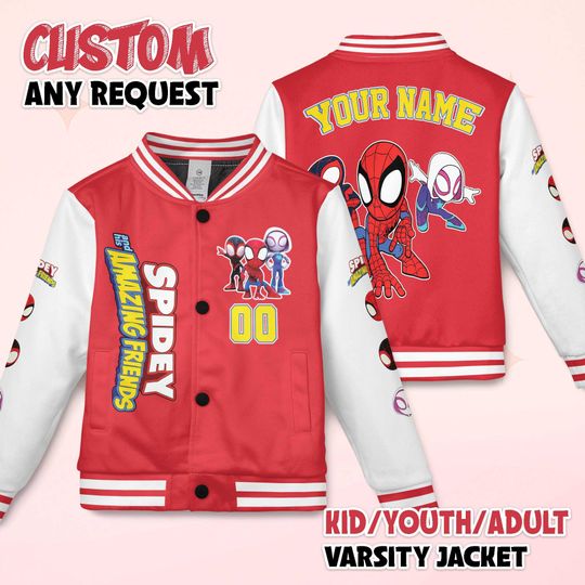 Custom Spidey And His Amazing Friends Varsity Jacket, Personalized Spidey Baseball Jacket