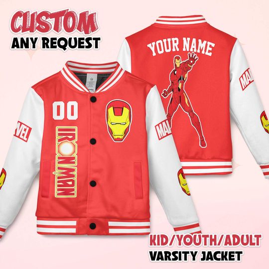 Discover Custom Iron Man Varsity Jacket, Personalized Marvel Superhero Baseball Jacket, Iron Man Kids Youth Adult Varsity Jacket