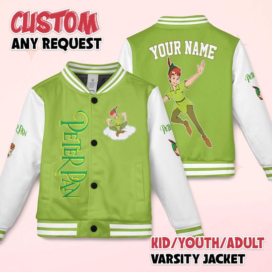 Discover Personalized Peter Pan Varsity Jacket, Custom Disney Peter Pan Baseball Jacket, Kids Youth Adult Varsity Jacket