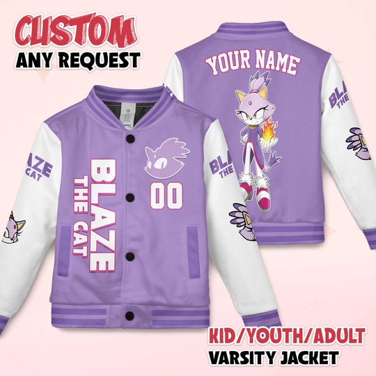 Custom Blaze the Cat Varsity Jacket, Personalized Sonic the Hedgehog Baseball Jacket