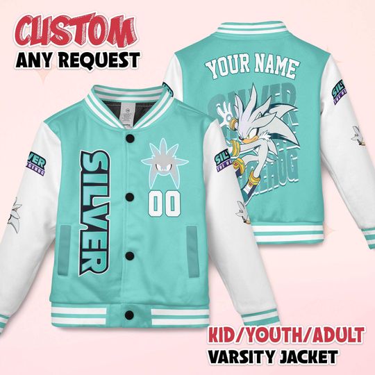 Discover Custom Silver the Hedgehog Varsity Jacket, Personalized Sonic the Hedgehog Baseball Jacket,  Kids Youth Adult Varsity Jacket
