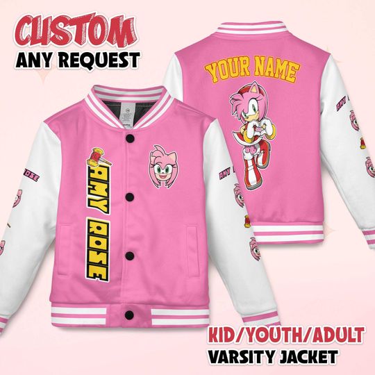Custom Amy Rose Varsity Jacket, Personalized Sonic the Hedgehog Baseball Jacket