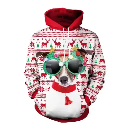Discover Funny Dog Christmas Hoodie 3D Print Reindeer Pattern Holiday Pullover