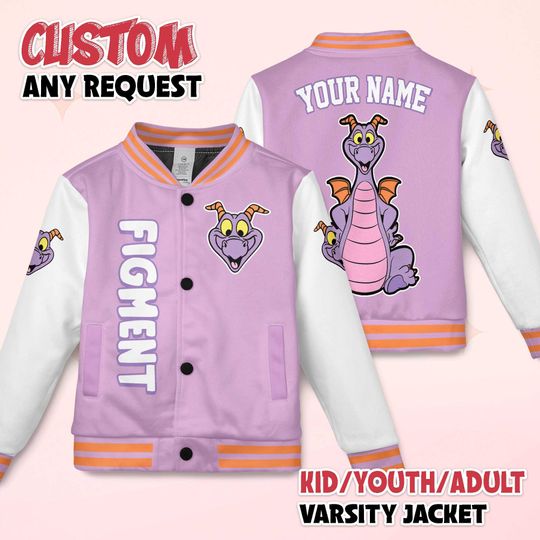 Discover Custom Figment Varsity Jacket, Personalized Epcot Dragon Baseball Jacket, Figment Kids Youth Adult Varsity Jacket
