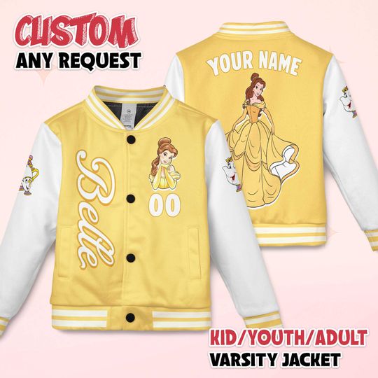 Discover Personalized Belle Varsity Jacket, Custom Disney Princess Baseball Jacket, Belle Kids Youth Adult Varsity Jacket