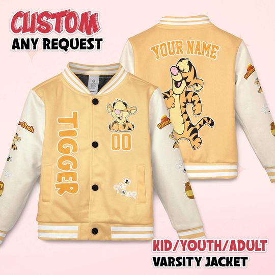 Discover Personalized Tigger Varsity Jacket, Custom Disney Winnie the Pooh Baseball Jacket, Kids Youth Adult Varsity Jacket