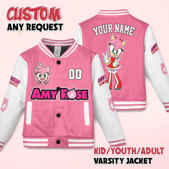 Discover Personalized Amy Rose Varsity Jacket, Custom Sonic the Hedgehog Baseball Jacket, Amy Rose Kids Youth Adult Varsity Jacket