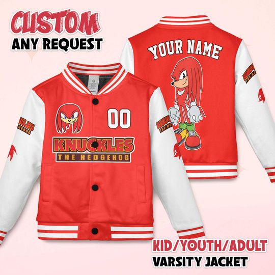 Custom Knuckles Varsity Jacket, Personalized Sonic the Hedgehog Baseball Jacket