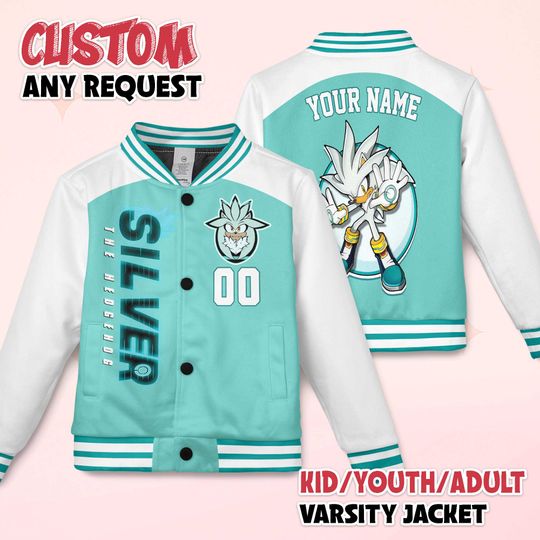 Discover Personalized Silver the Hedgehog Varsity Jacket, Custom Sonic the Hedgehog Baseball Jacket, Kids Youth Adult Varsity Jacket