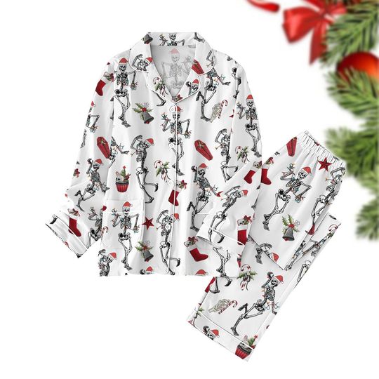 Christmas Dancing Skeleton Pajamas Sets, Skull Santa Hat Holiday Pajamas, Christmas Lights Xmas Pajamas, Merry Christmas Shirt