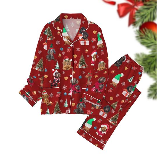 Christmas Dachshund Pajamas Set, Dog Santa Pajamas, Christmas Lights Shirt, Wiener Dog Women Pajamas, Dog Mom Gift