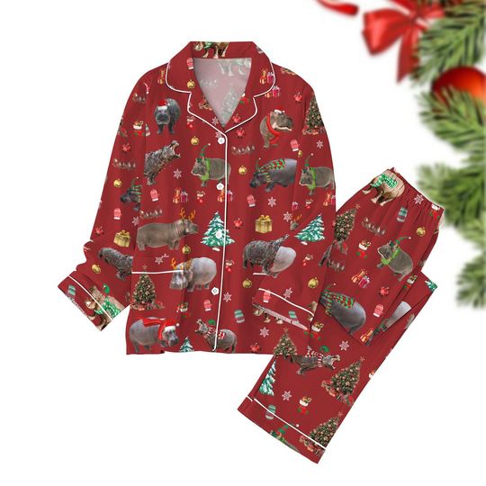 Hippopotamus Christmas Pajamas Set, Funny Reindeer Holiday Pajamas, Winter Season Gift, Animal Lover Xmas Pajamas