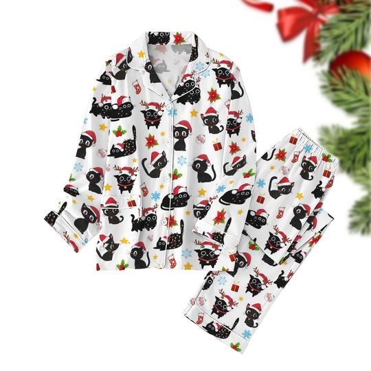 Christmas Black Cat Pajamas Sets, Pets Santa Xmas Pajamas, Funny Reindeer Holiday Pajamas, Christmas Lights Shirt, Animal Lover Gift