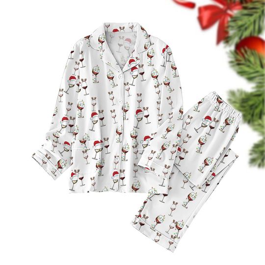 Red Wine Glass Christmas Pajamas Sets, Santa Reindeer Pajamas Set, Drinking Holiday Pajamas, Christmas Lights Shirt, Xmas Party Gift